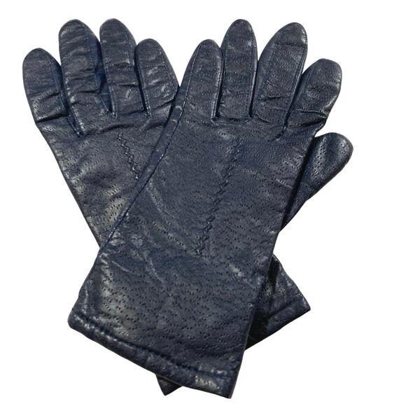 Fownes Women 6.5 Navy Blue Leather Lined  Driving Gloves Minimalist Classic Gift - Picture 1 of 6